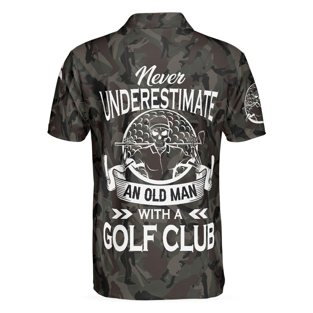 Never Underestimate An Old Man Camouflage Pattern Skull Polo Shirt, Army Skeleton Golfer Polo Shirt, Camo Golf Shirt For Men
