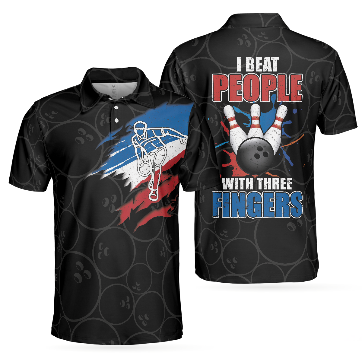I Beat People With Three Fingers Bowling Polo Shirt, Black Polo Style Bowling Shirt For Men, Bowling Gift Idea