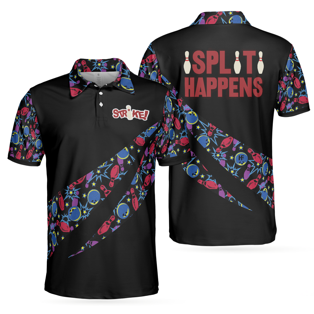 Split Happen Polo Shirt, Bowling Ball & Pin Seamless Pattern Bowling Shirt For Men