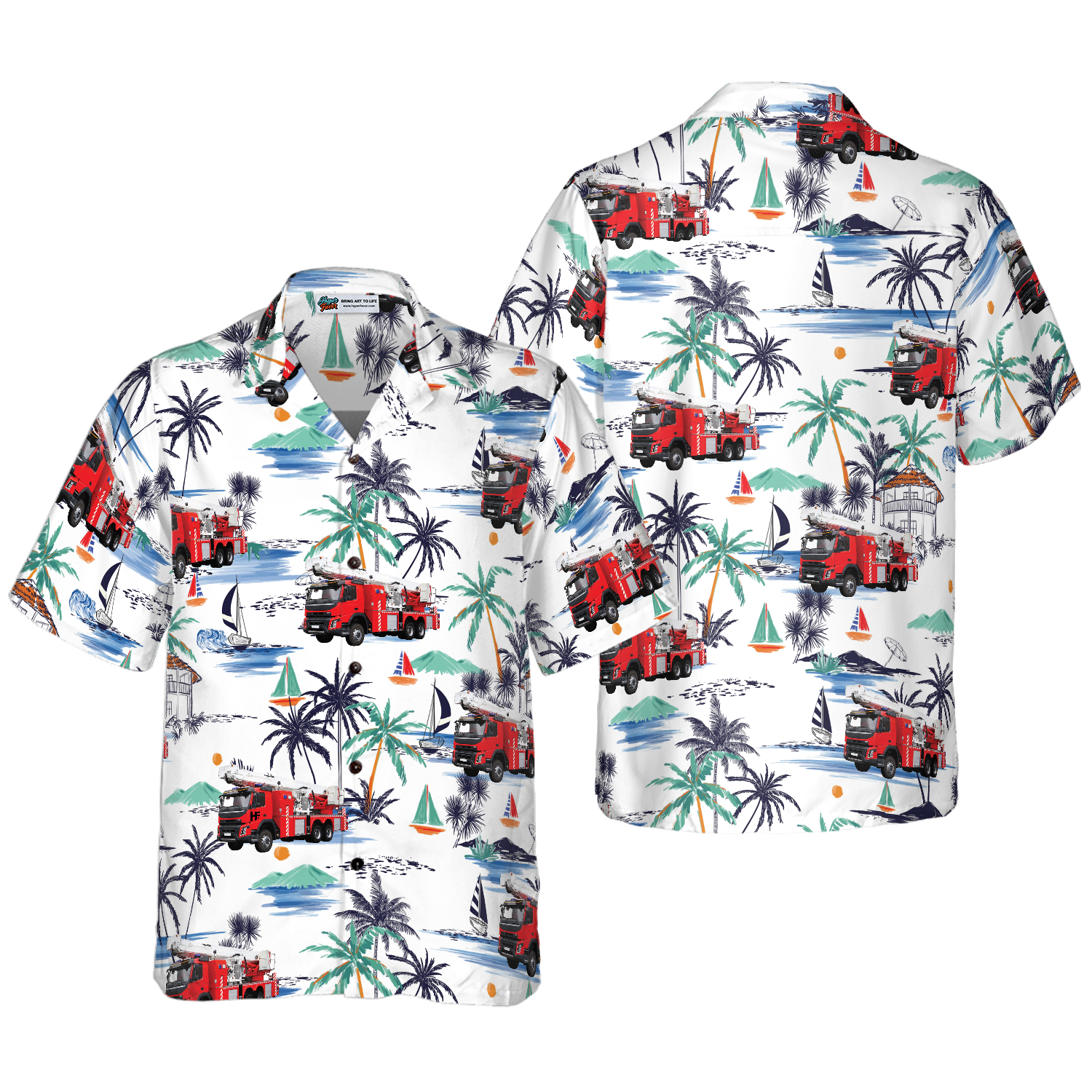 Fire Truck Friend Of Firefighter Hawaiian Shirt, White Tropical Red Fire Truck Firefighter Shirt For Men