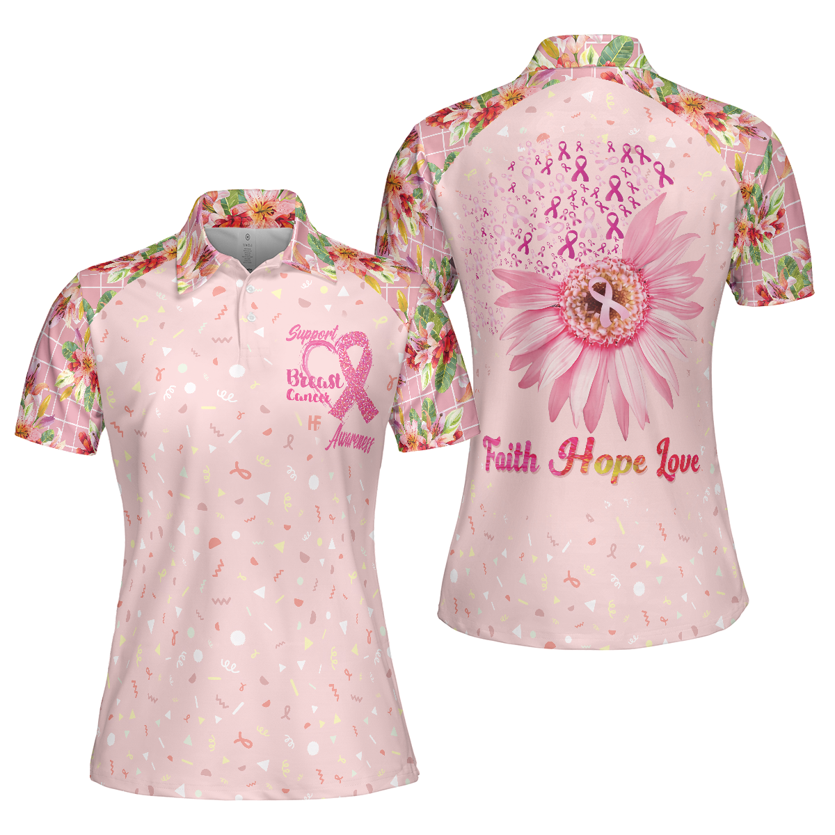 Fight Love Hope Breast Cancer Awareness Short Sleeve Women Polo Shirt
