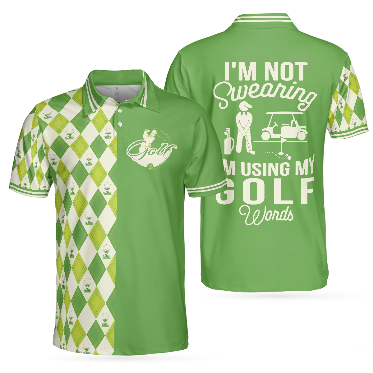 I'm Not Swearing I'm Using My Golf Words Polo Shirt, Green Argyle Pattern Golf Shirt For Male Golfers