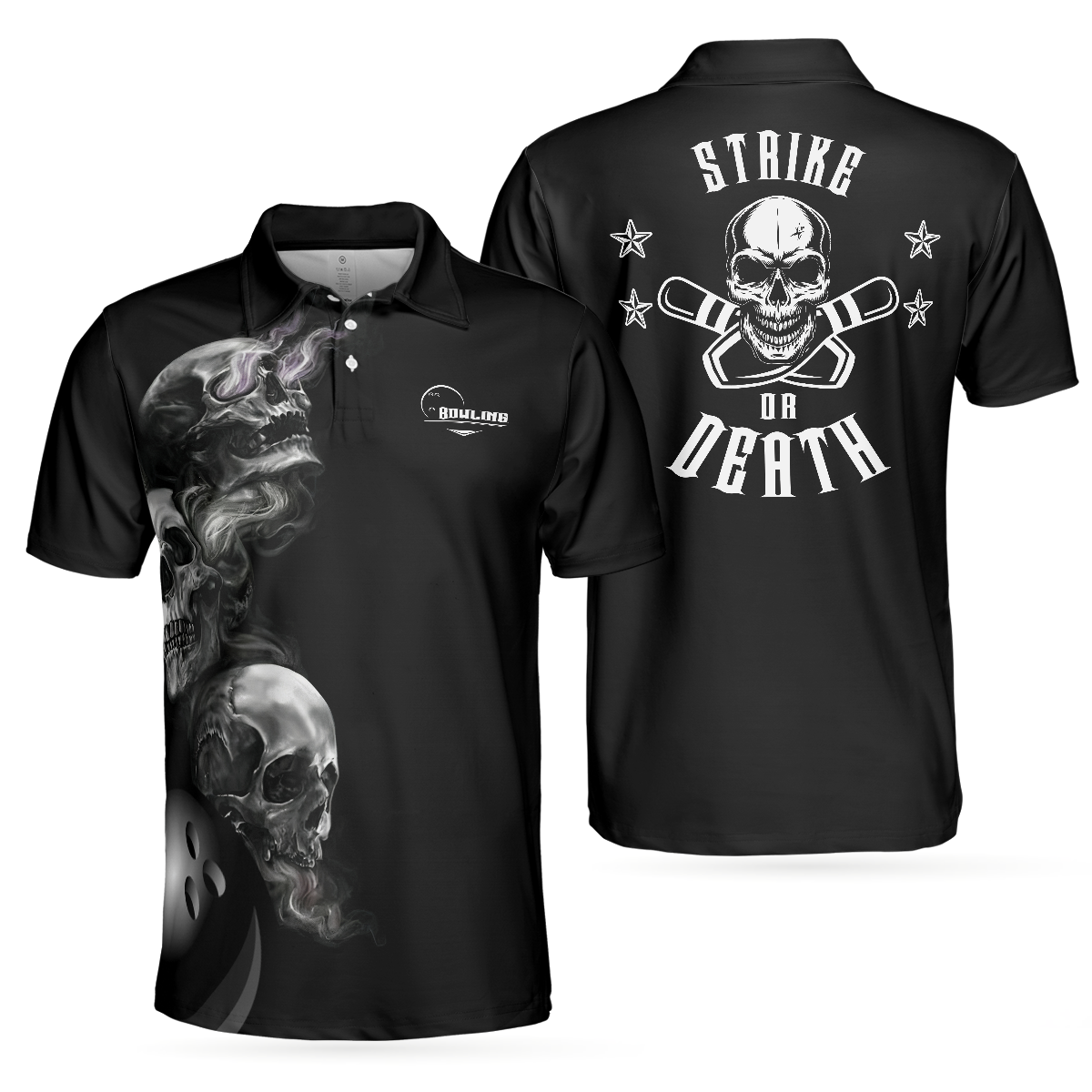 Strike Or Death Bowling Skull Polo Shirt, Black Skull Polo Style Bowling Shirt, Cool Gift For Bowlers