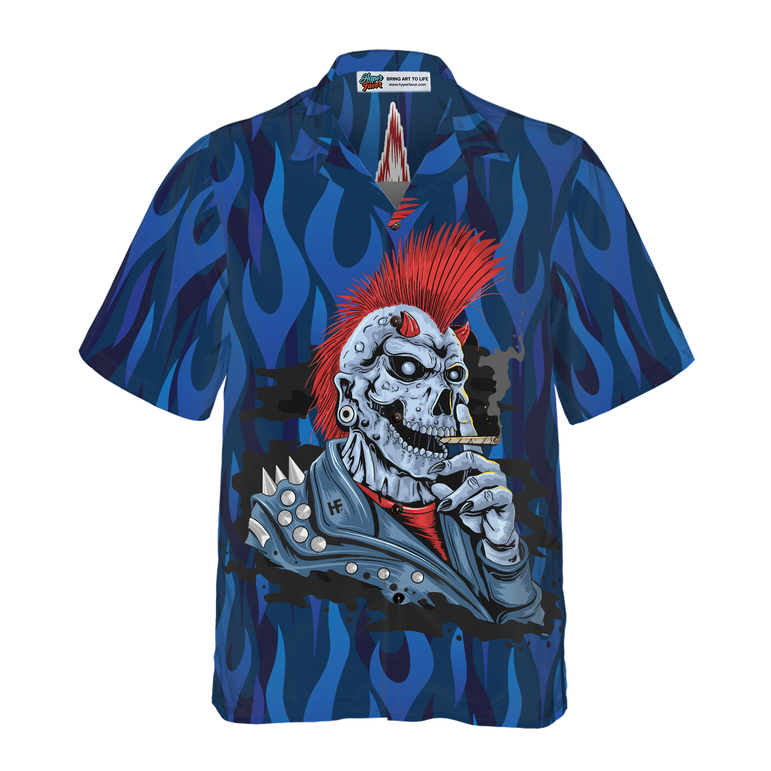 Punk Rock Skull Electric Guitar Hawaiian Shirt, Blue Flame Pattern Skull Rocker Hawaiian Shirt For Men
