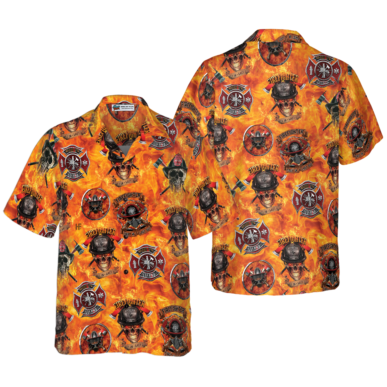 First In Last Out Firefighter Hawaiian Shirt, Viking Style Flame Skull Shield Firefighter Shirt For Men