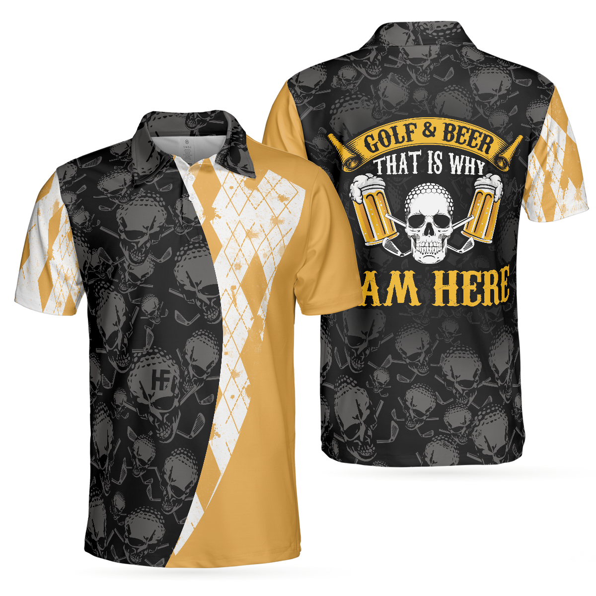 Golf & Beer That Is Why I Am Here Skull Polo Shirt, Short Sleeve Skull Golfing Shirt Best Golf Gift