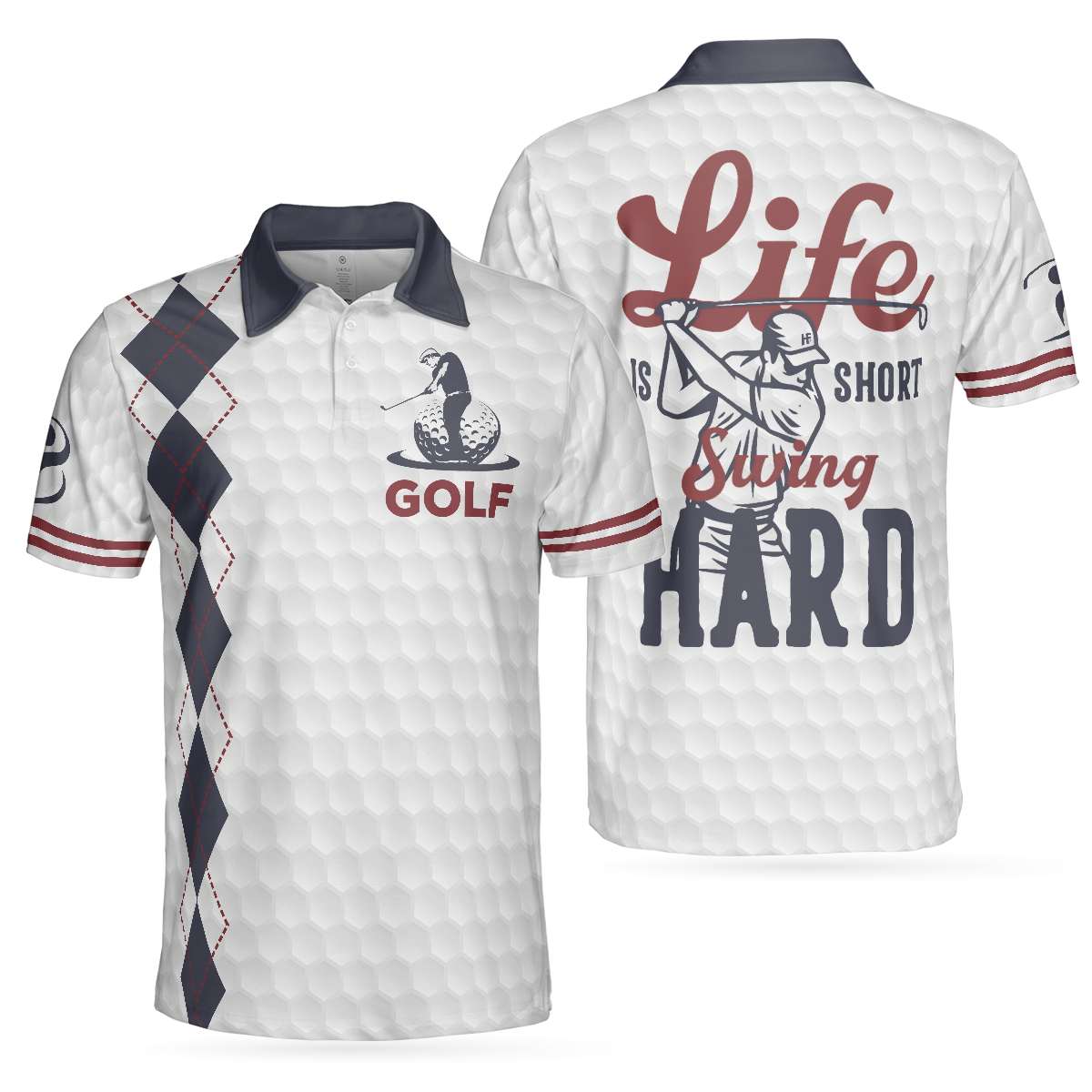 Life Is Short Swing Hard Golf Polo Shirt, Grey Argyle Polo Shirt For Golfers, Basic Golf Shirt Design