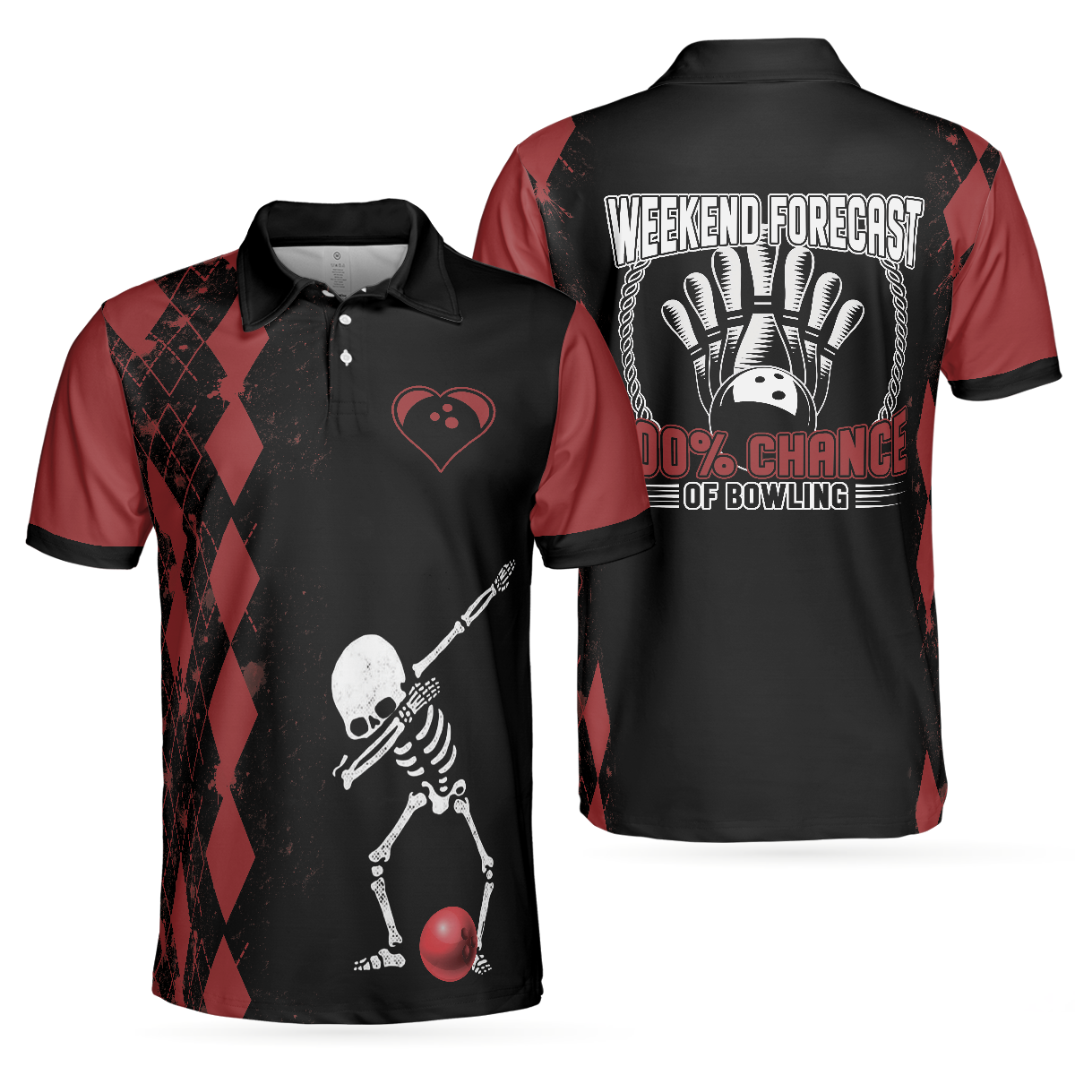 Weekend Forecast Chance Of Bowling Polo Shirt, Red Argyle Short Sleeve Bowling Shirt For Male Players