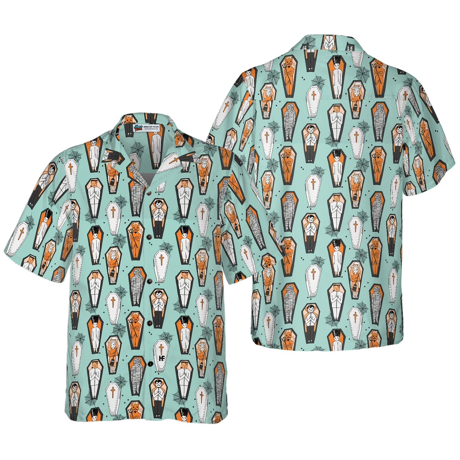 Vampire Coffins Halloween Shirt For Men, Arctic Blue Coffin Pattern Hawaiian Shirt
