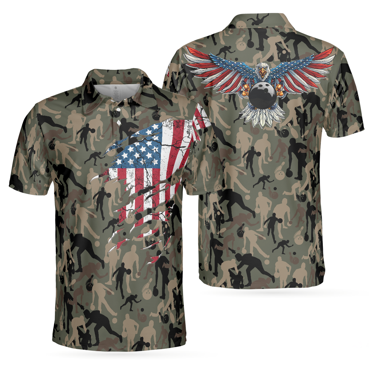 Bowling Camouflage American Eagle Flag Polo Shirt, American Flag Shirt For Patriotic Bowlers, Bowling Shirt For Men