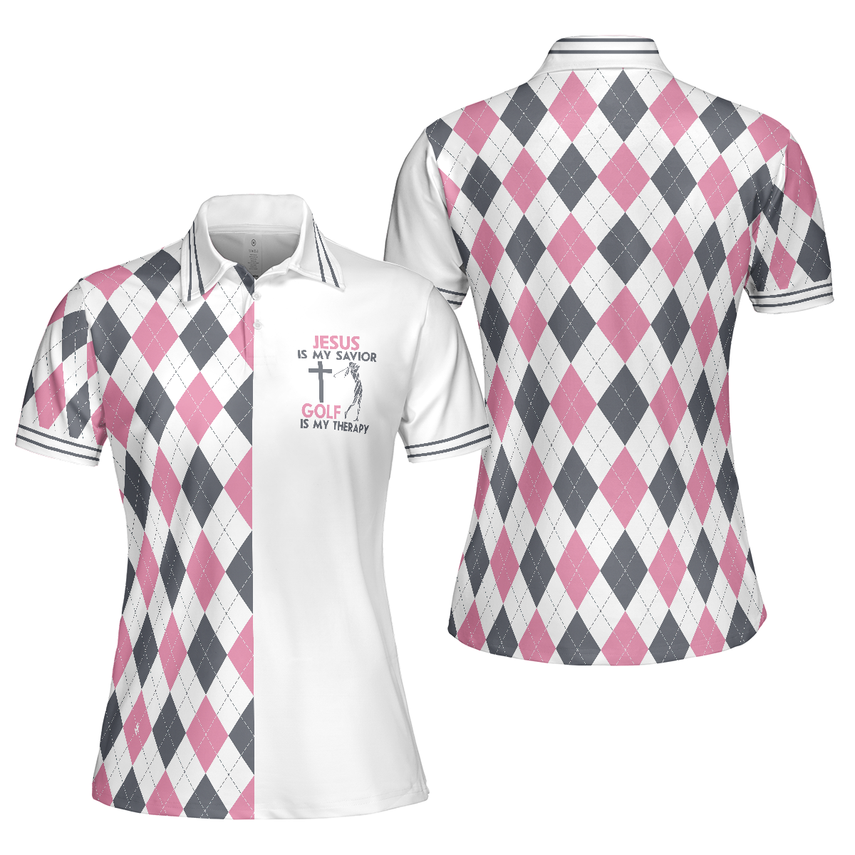 Jesus Is My Savior Golf Is My Therapy Short Sleeve Women Polo Shirt, Argyle Pattern Golf Shirt For Ladies