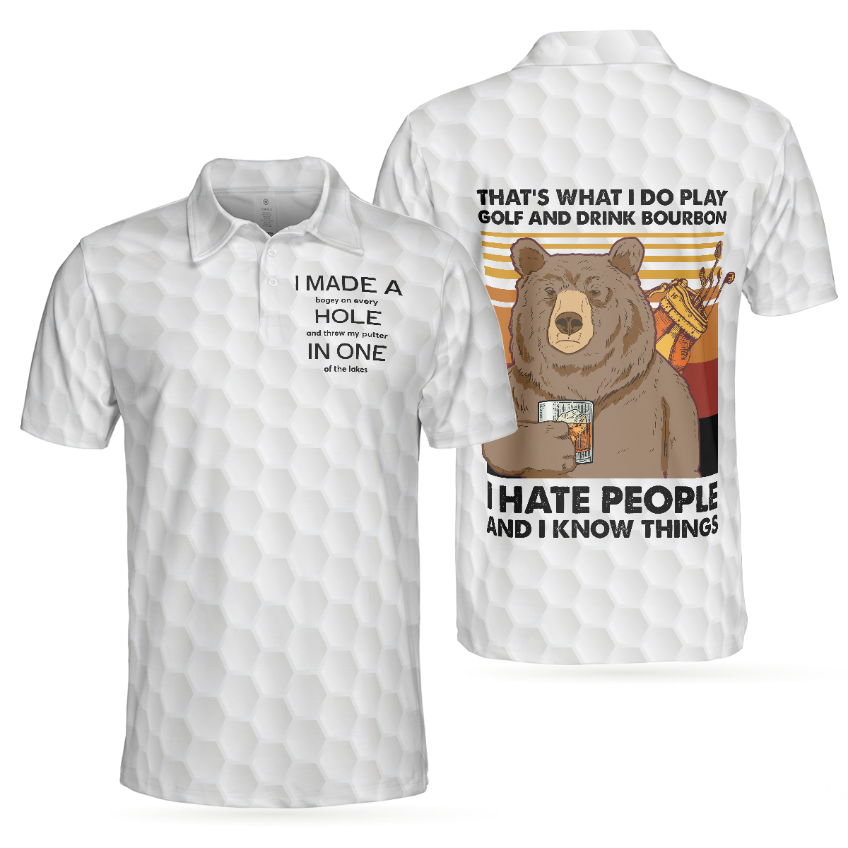 Bear Play Golf And Drink Bourbon White Golf Polo Shirt, Funny Golf Shirt For Men