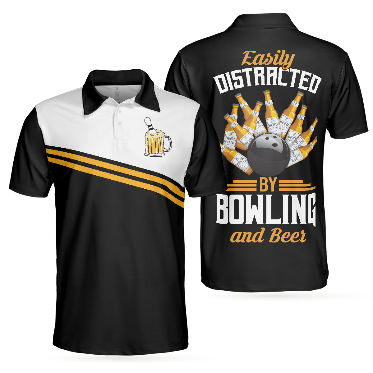 Easily Distracted By Bowling And Beer Polo Shirt, Tenpin Bowling Shirt Design With Sayings, Best Drinking Bowling Shirt