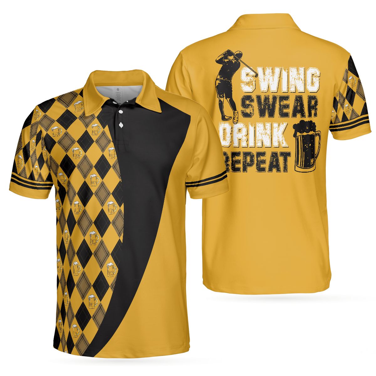 Swing Swear Drink Repeat V2 Polo Shirt, Argyle Pattern Golf Shirt For Male Golfers, Skull Golf Shirt