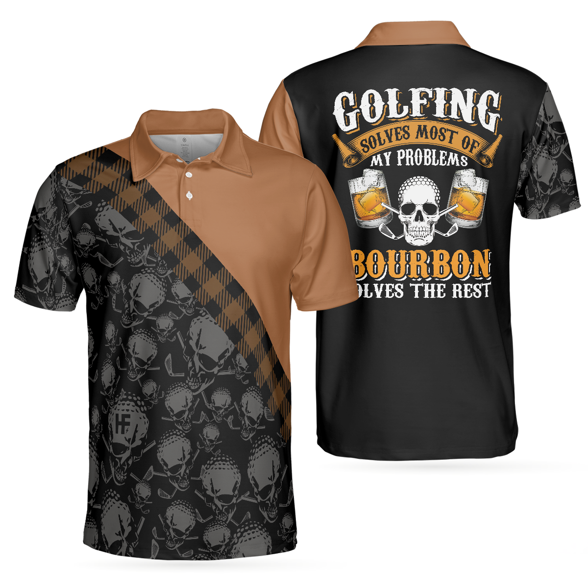 Golf Bourbon Polo Shirt, Funny Drinking Golf Shirt With Sayings, Skull Plaid Pattern Golf Shirt For Male