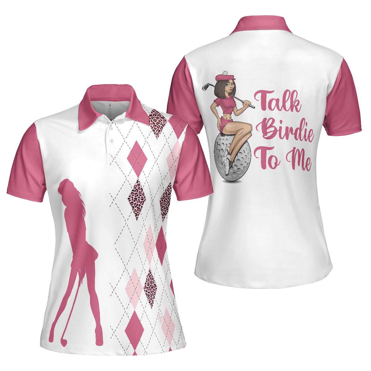 Talk Birdie To Me Short Sleeve Women Polo Shirt, Best Pink Argyle And Leopard Pattern For Golf Ladies