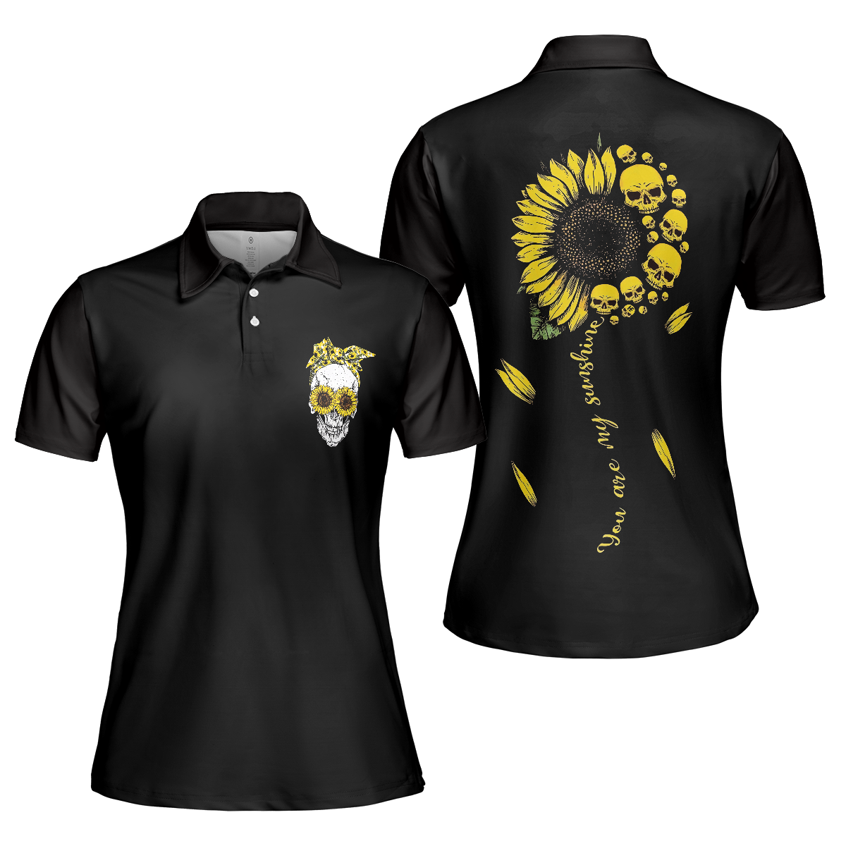 You Are My Sunshine Skull Sunflower Short Sleeve Women Polo Shirt, Black Skull Polo Shirt For Ladies