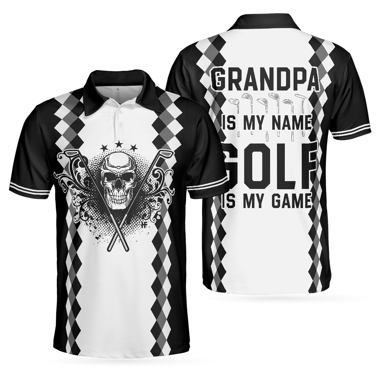 Grandpa Is My Name Golf Is My Game Golf Polo Shirt, Black And White Argyle Pattern Golf Shirt For Men