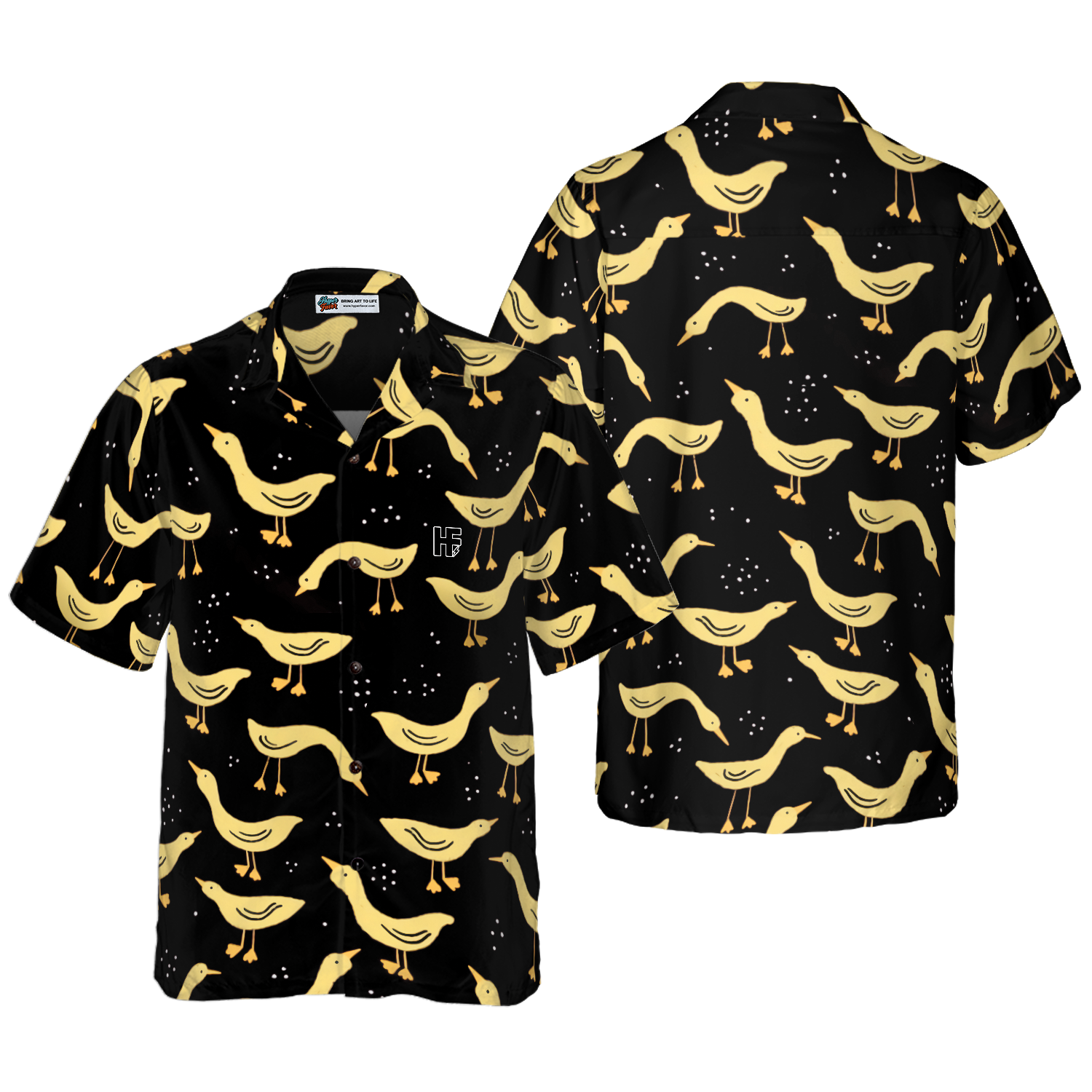 Ducks In Darkness Hawaiian Shirt For Men, Black And Yellow Banana Duck Pattern Hawaiian Shirt