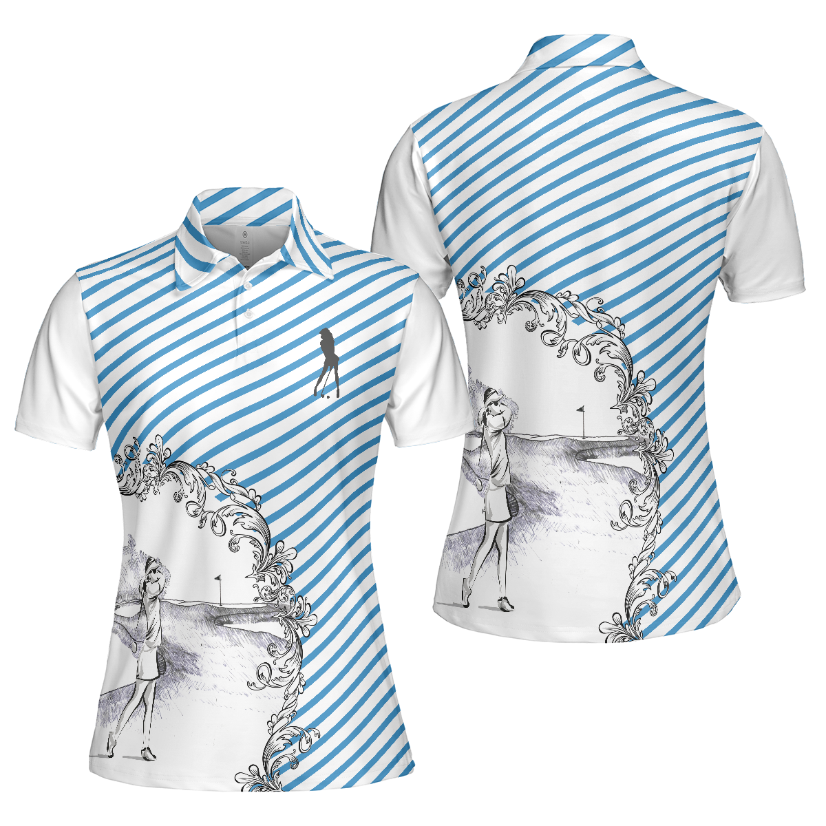 Blue Striped And Sketching Golf Girl Golf Short Sleeve Women Polo Shirt, Best Gift For Female Golfers