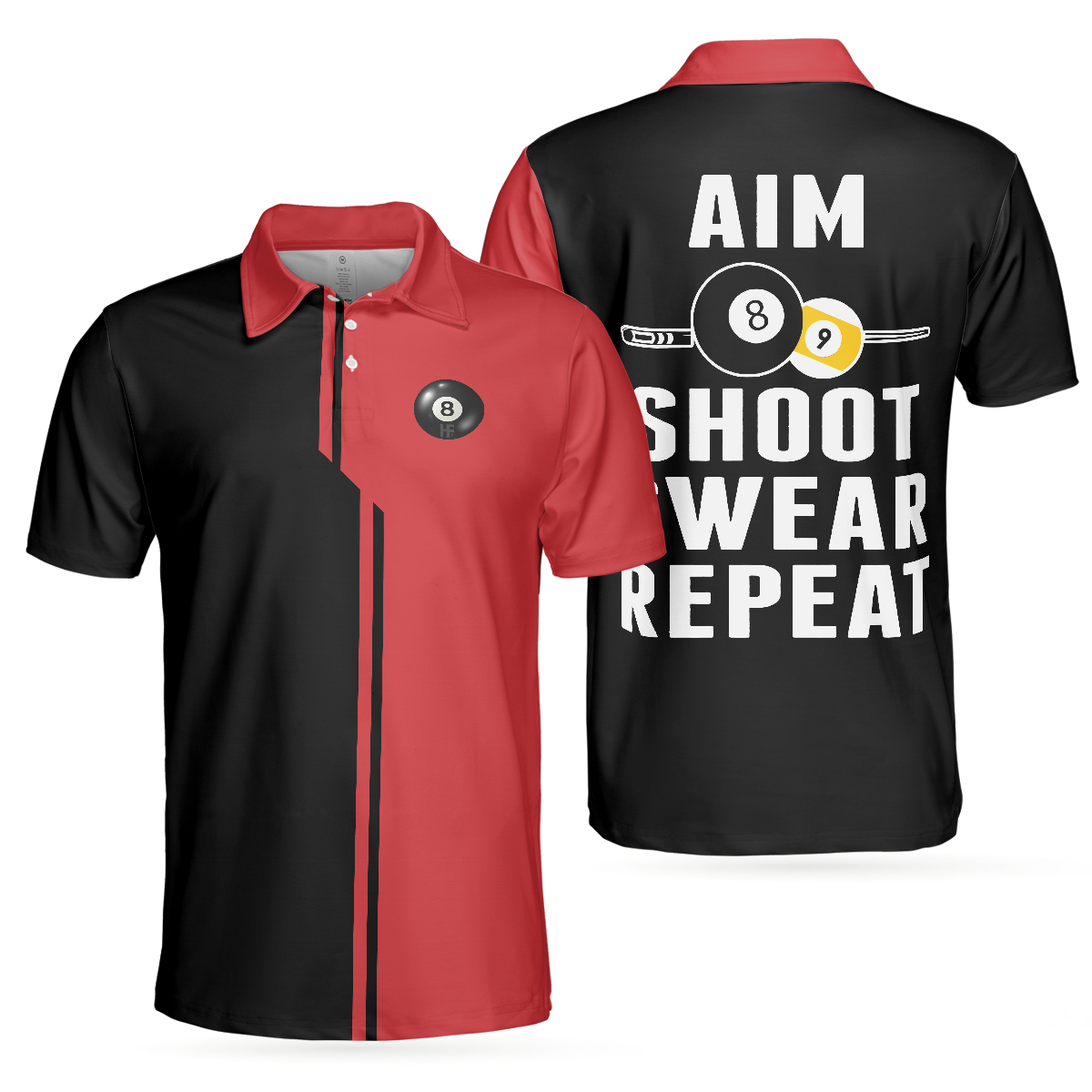 Aim Shoot Swear Repeat V2 Polo Shirt, Black And Red Billiards Shirt For Men, Gift For Billiards Lovers