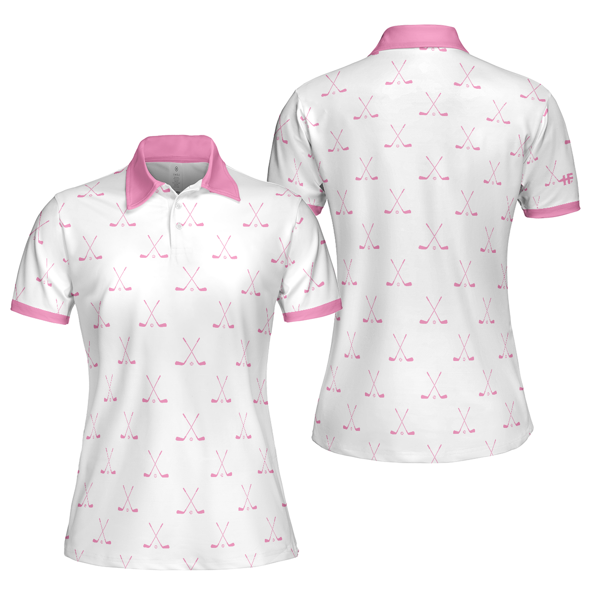 Crossed Golf Clubs Pink And White Golf Short Sleeve Women Polo Shirt, Simple Golf Shirt Design For Ladies