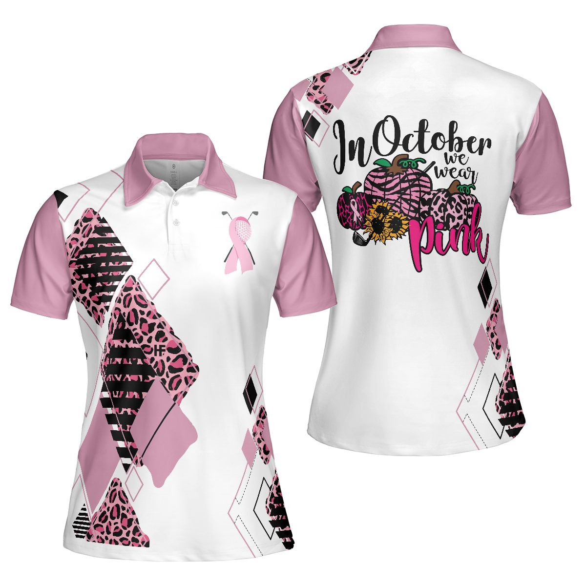 Golf Girl In October We Wear Pink Short Sleeve Women Polo Shirt, White And Pink Breast Cancer Awareness Shirt