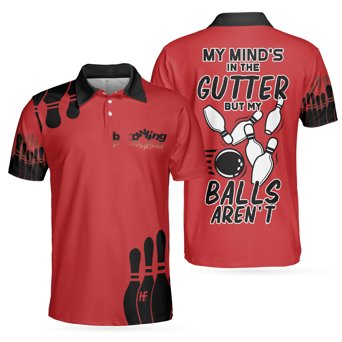 My Mind Is In The Gutter But My Balls Aren't Bowling Polo Shirt, Funny Red And Black Bowling Polo Shirt For Men