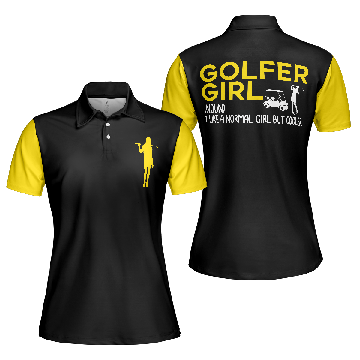 Definition Of Golf Girl Golf Short Sleeve Women Polo Shirt, Black And Yellow Golf Shirt For Ladies