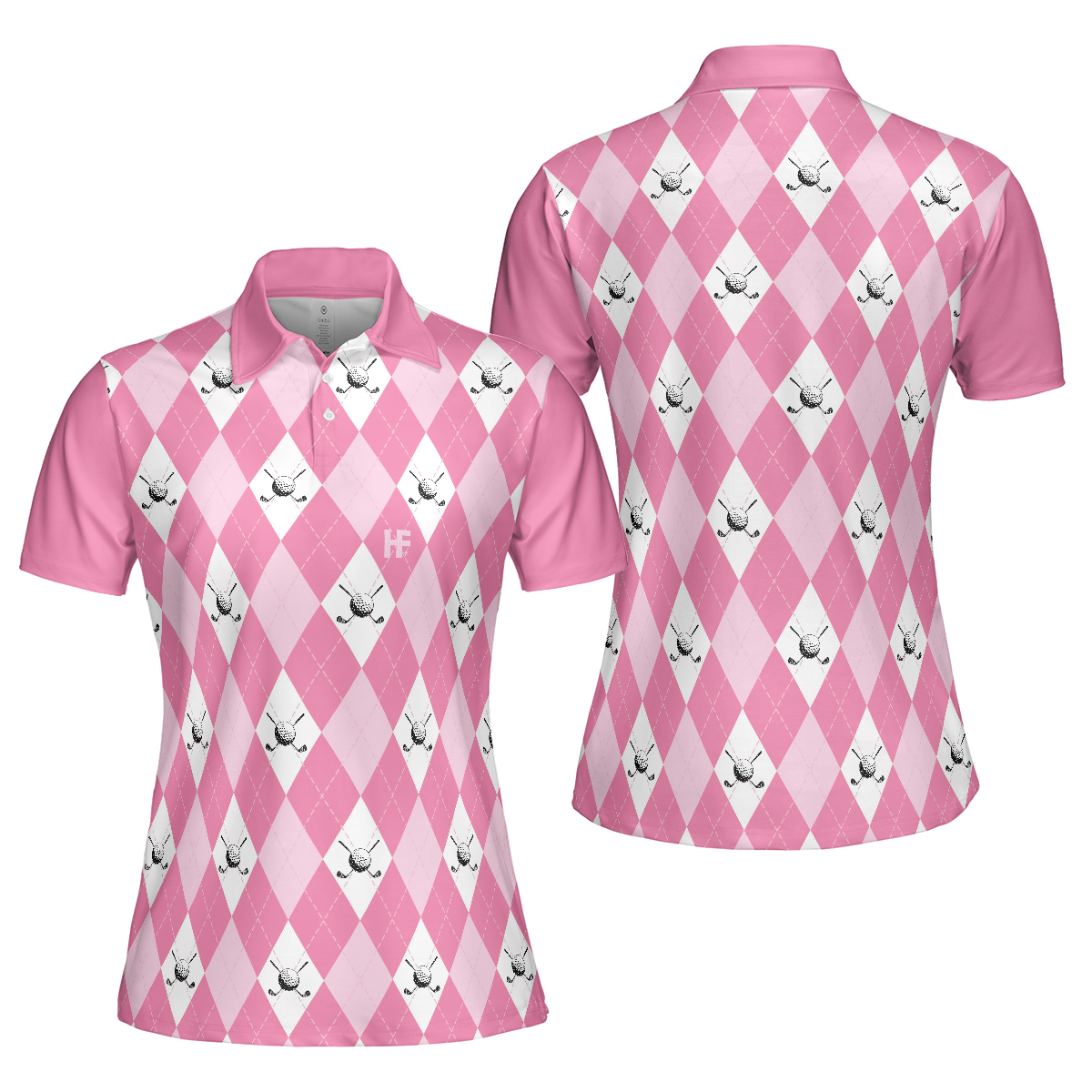 Golf Polo Short Sleeve Women Polo Shirt, Pink Argyle Seamless Pattern Golf Shirt For Ladies