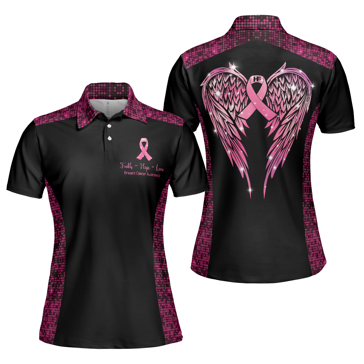 Faith Hope Love Angel Wings Breast Cancer Awareness Short Sleeve Women Polo Shirt, Pink Awareness Ribbon Polo Shirt For Ladies