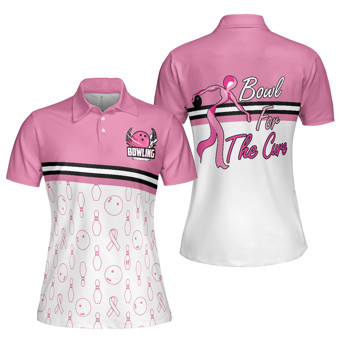 Bowl For The Cure Short Sleeve Women Polo Shirt, Breast Cancer Awareness Polo Shirt For Ladies, Pink Ribbon Shirt