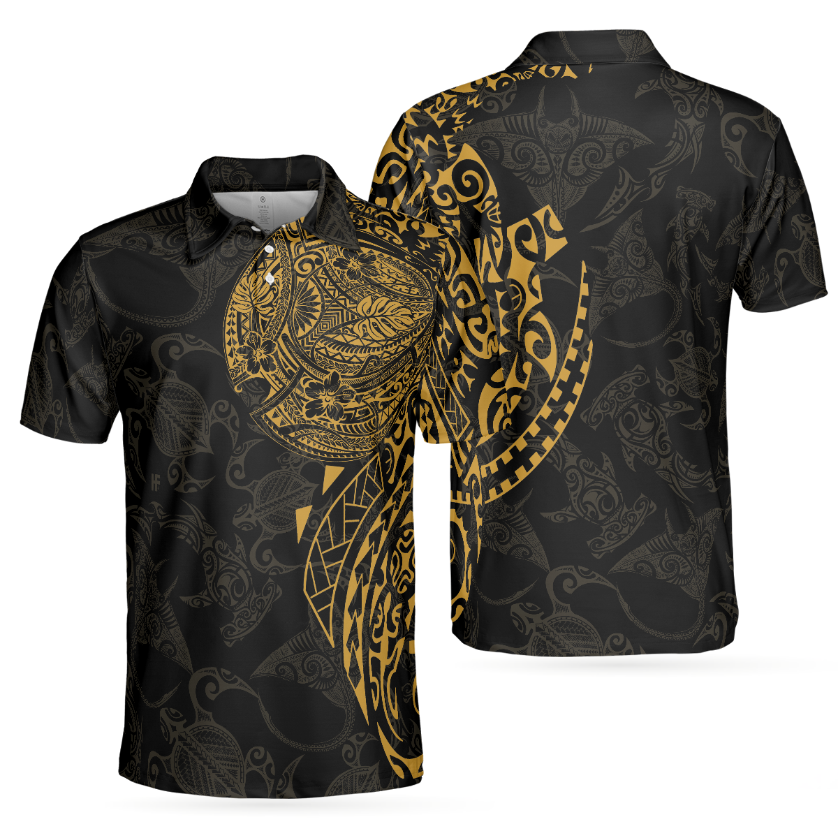 Strong And Cool Polynesian Pattern Polo Shirt, Luxury Black And Gold Shirt For Men