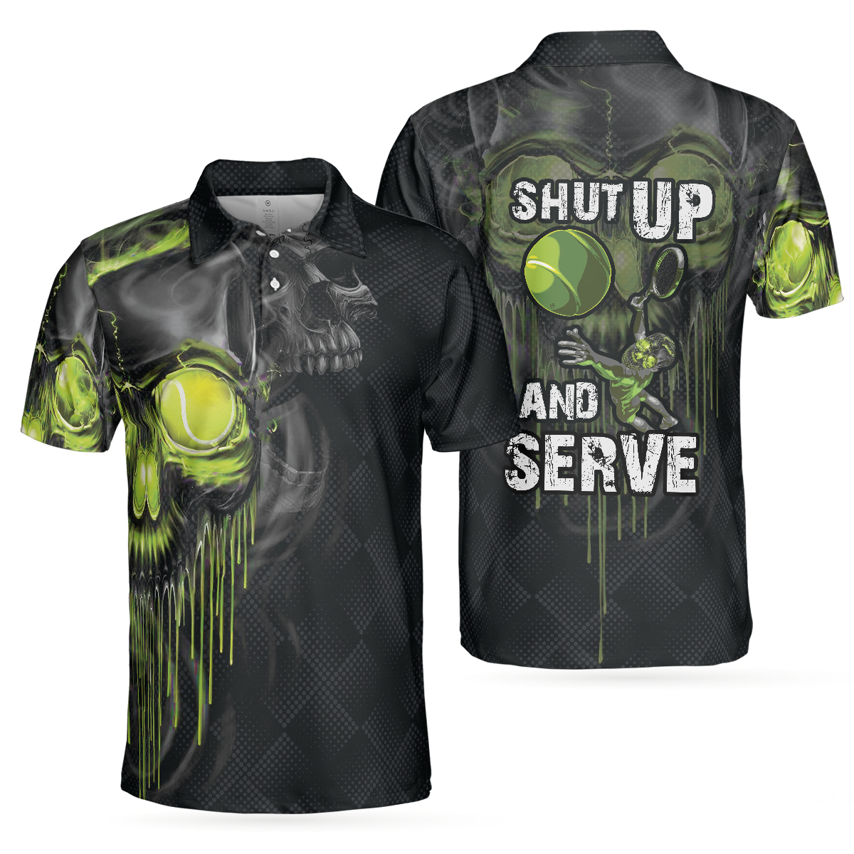 Skull Tennis Polo Shirt, Scary Skull Graphic Tennis Shirt For Tennis Lovers, Halloween Tennis Gift Idea