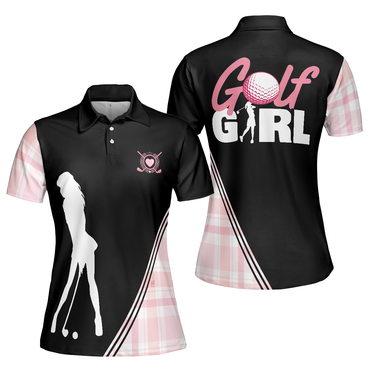 Golf Girl In Black And Pink Plaid Pattern Golf Short Sleeve Women Polo Shirt, Unique Golf Shirt For Ladies
