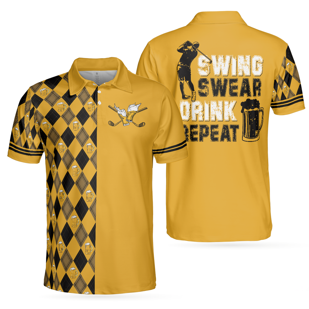 Swing Swear Drink Repeat Polo Shirt, Black And Yellow Argyle Pattern Shirt, Swag Golf Gift For Golfers
