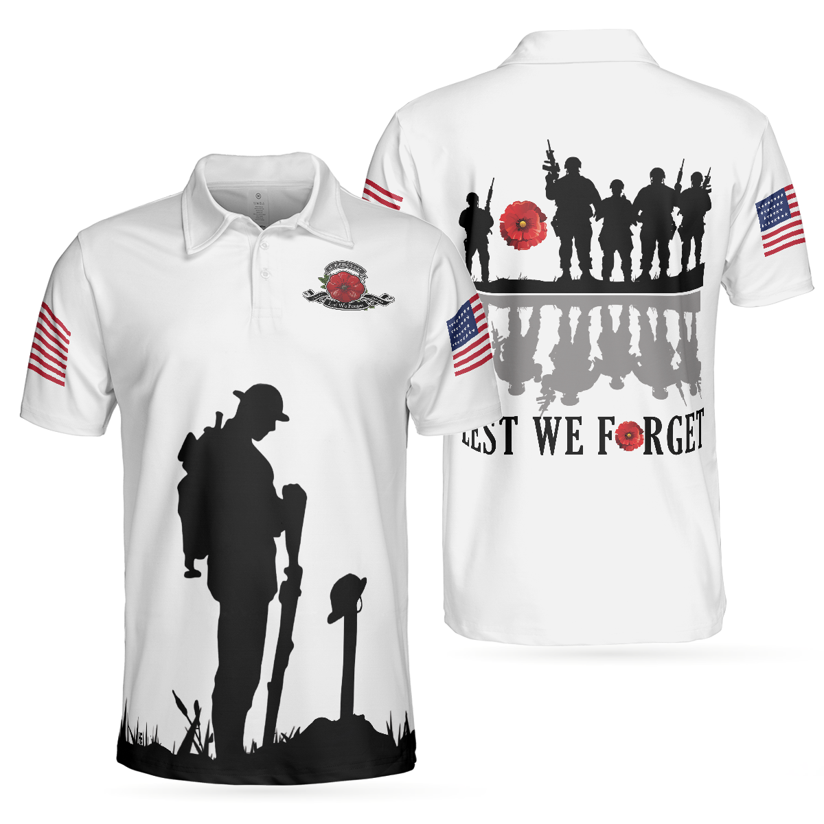 Lest We Forget Veteran Polo Shirt, White American Flag Veteran's Day Shirt, Best Gift For Veterans
