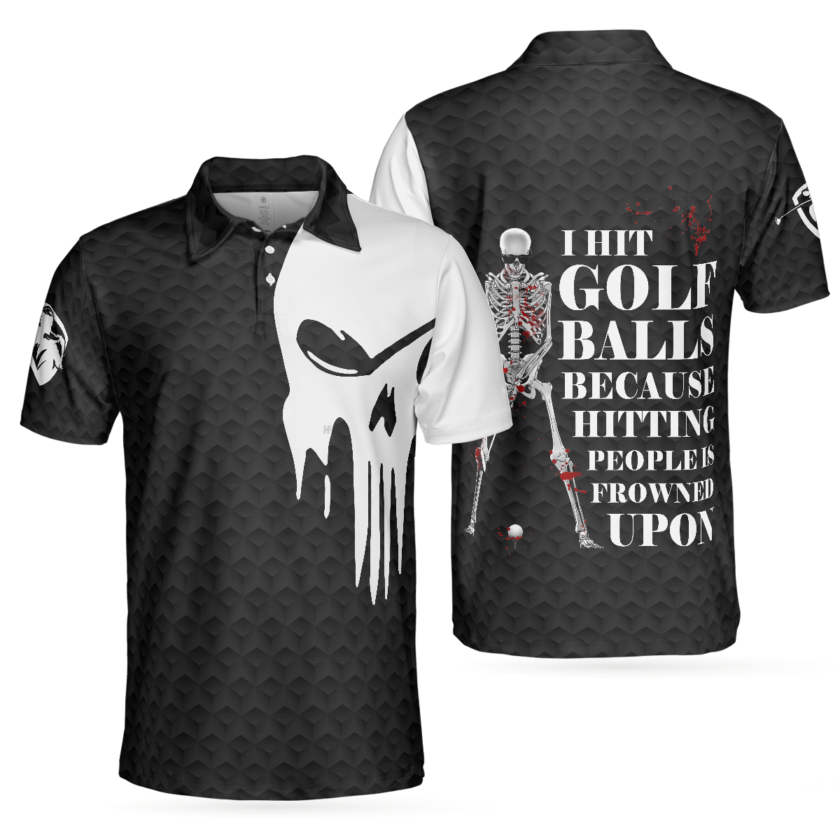 I Hit Golf Ball Polo Shirt, Black And White Golf Shirt Design With Sayings, Scary Skeleton Golf Shirt