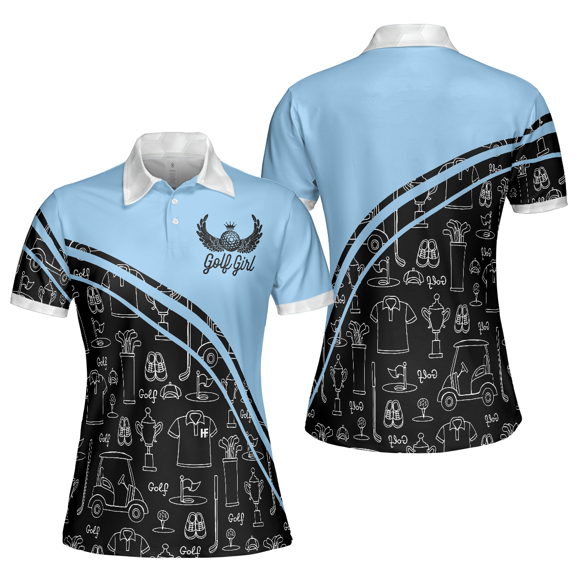 Golf Girl In Black And Blue Seamless Pattern Golf Short Sleeve Women Polo Shirt, Cool Golf Shirt For Ladies