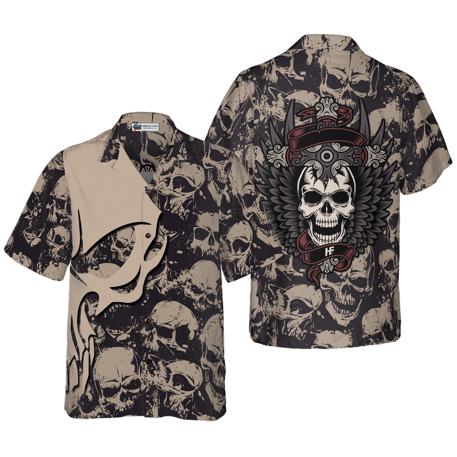 Gothic Winged Skull Hawaiian Shirt, Black And White Skull Pattern Hawaiian Shirt