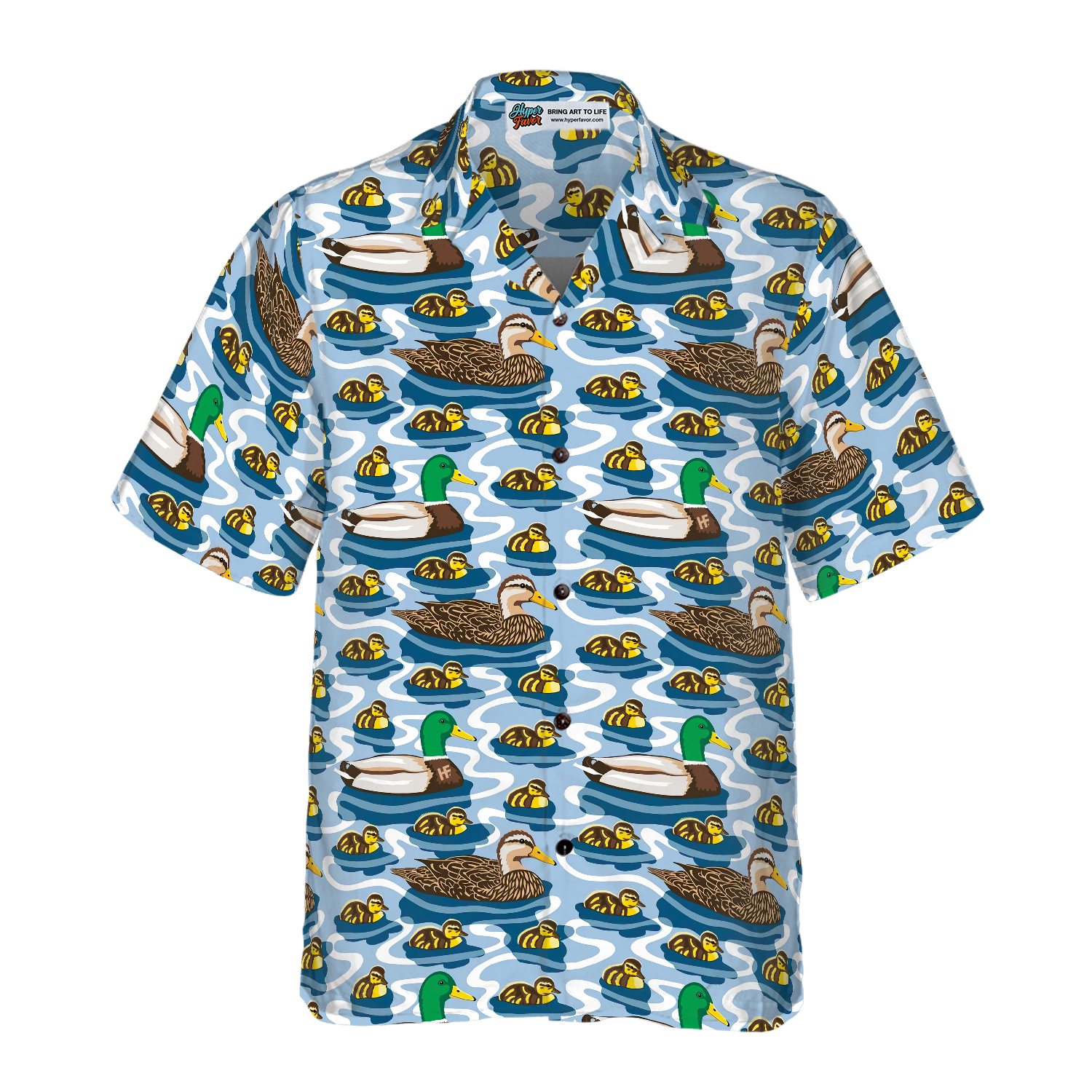 Rouen Duck Family Swimming Hawaiian Shirt, Arctic Blue Pond Texture Hawaiian Shirt
