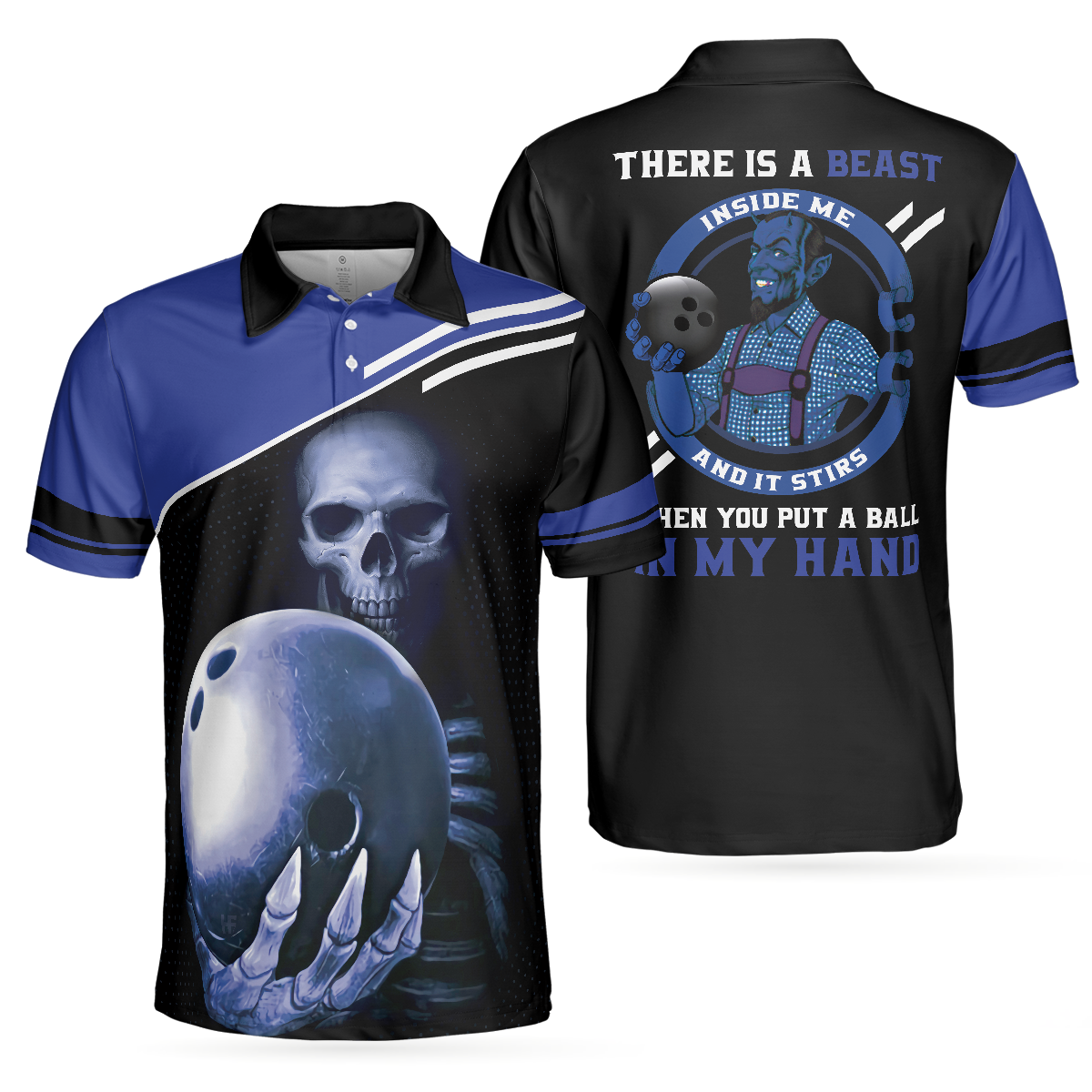 Skull Bowling Polo Shirt, Satanic Skeleton Bowler Bowling Shirt For Men