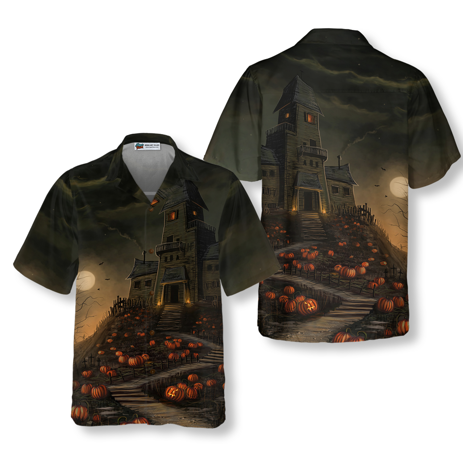 Halloween Haunted House On The Hill With Pumpkin Hawaiian Shirt, Full Moon Haunted Jack-o'-lantern Hawaiian Shirt For Men