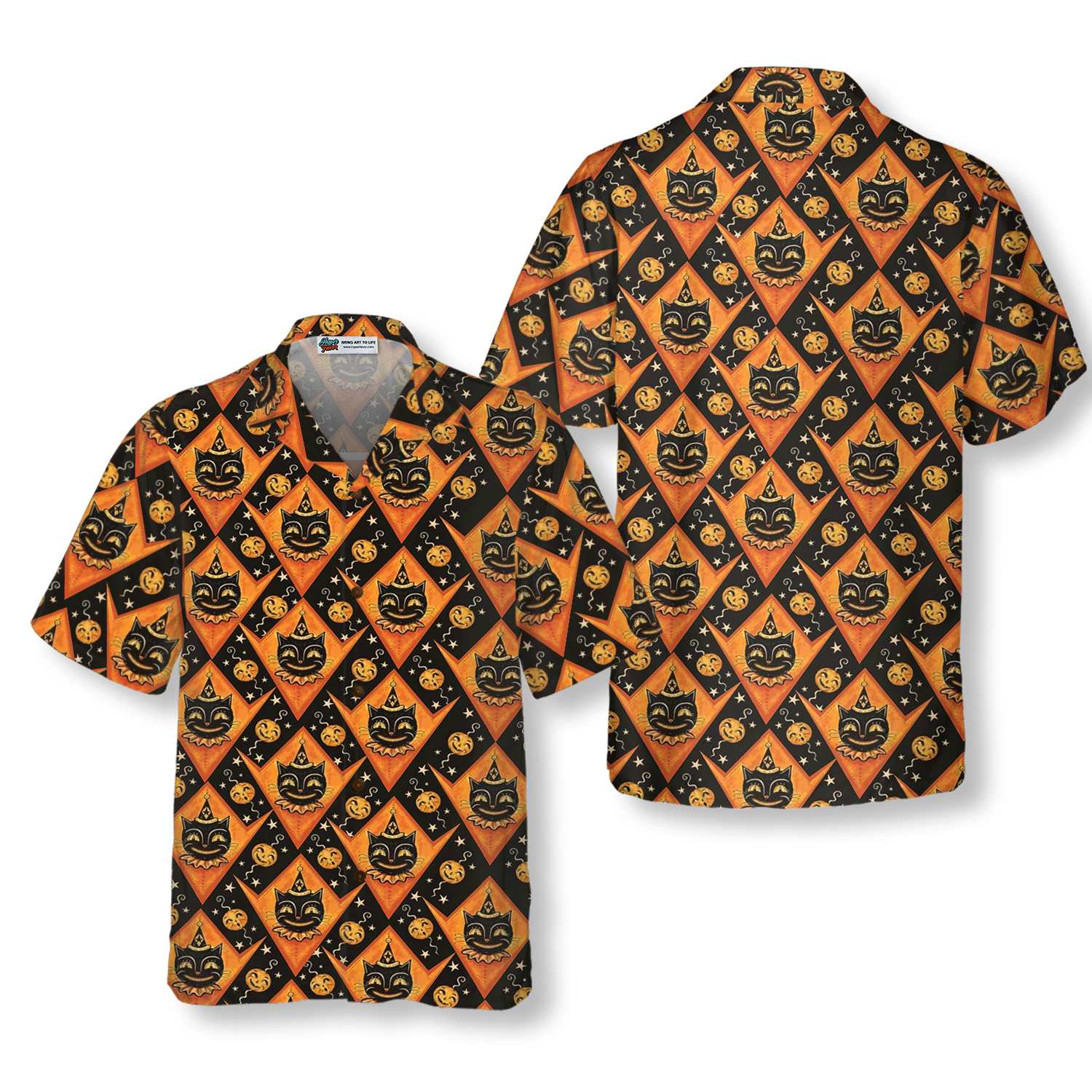 Grinning Black Cats Halloween Hawaiian Shirt For Men, Black And Pumpkin Orange Harlequin Pattern Hawaiian Shirt