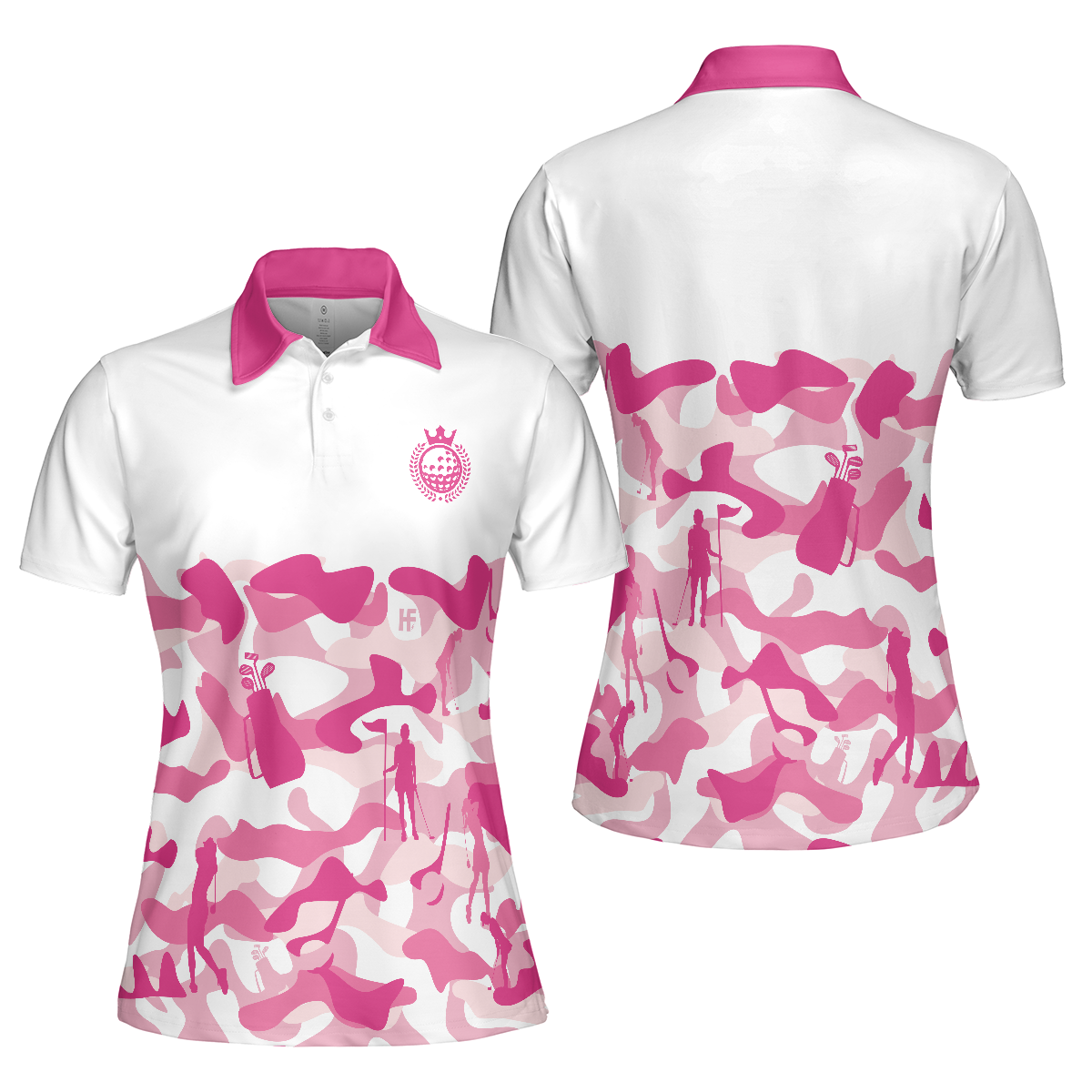 Pink Camouflage Pattern With Women Golfer Short Sleeve Women Polo Shirt, White And Pink Camo Golf Shirt For Ladies