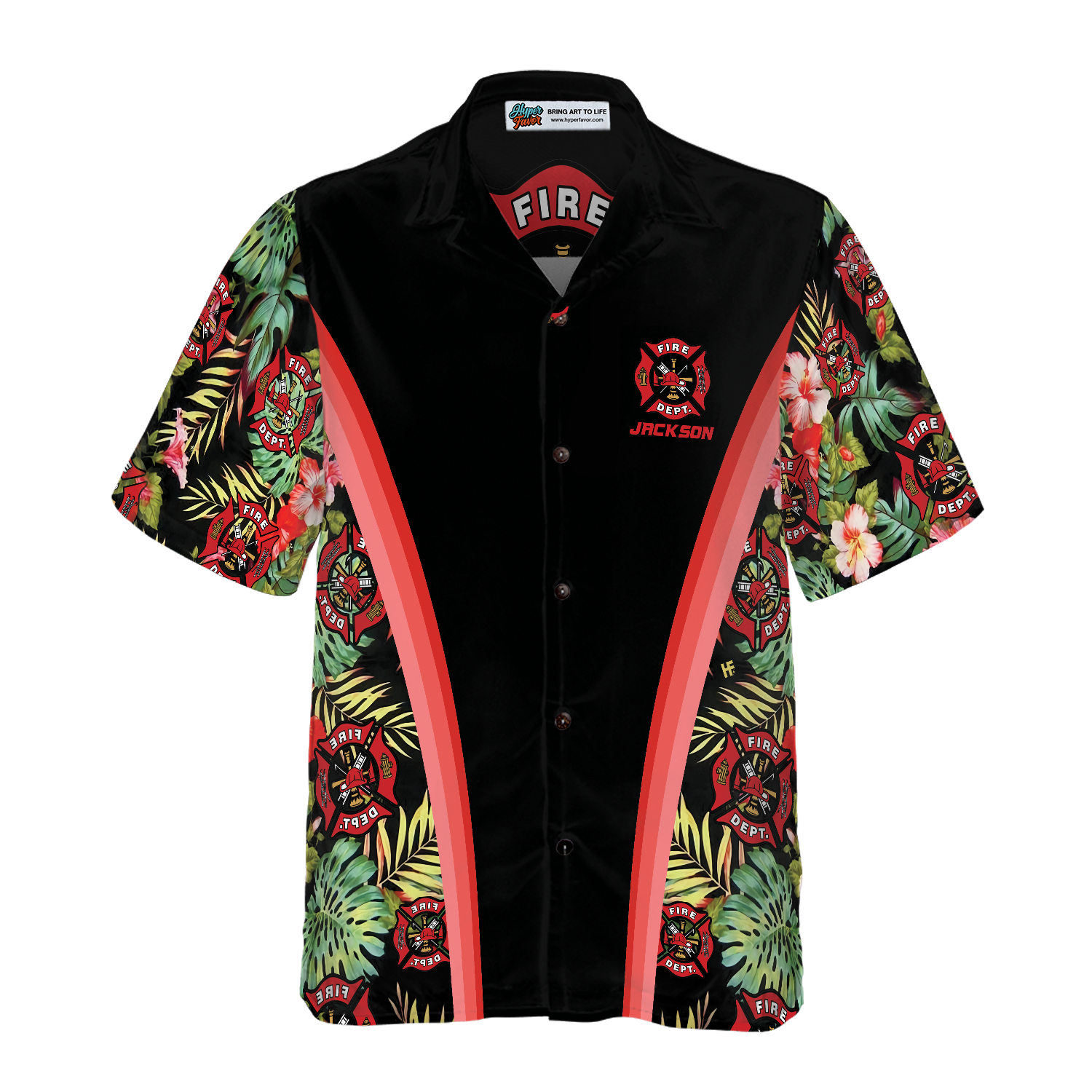 Firefighter Tropical Custom Hawaiian Shirt, Personalized Floral And Leaves Fire Dept Logo Firefighter Hawaiian Shirt
