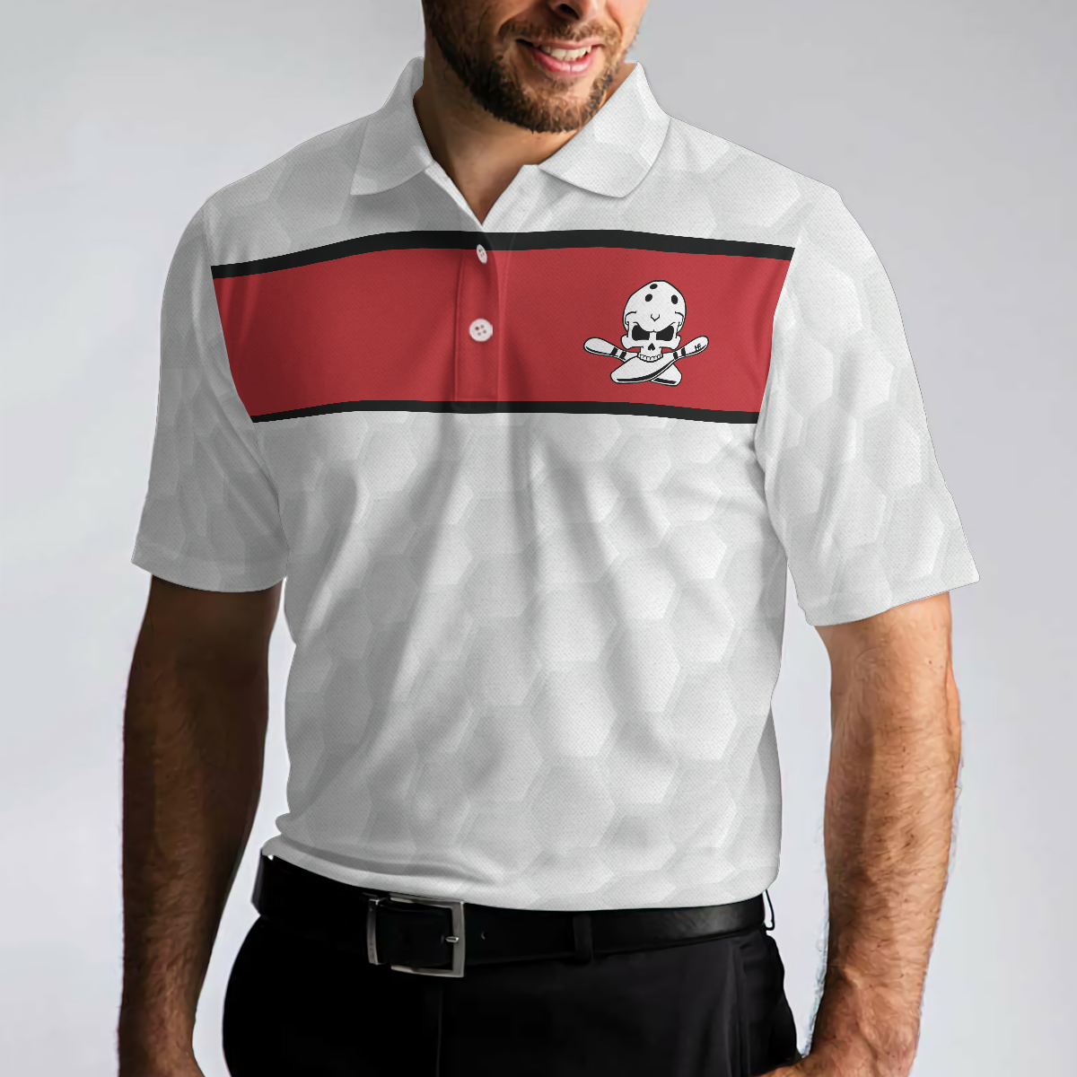Bowling Skull Polo Shirt, Red And White Skull Bowling Shirt Design, Basic Shirt For Bowling Lovers