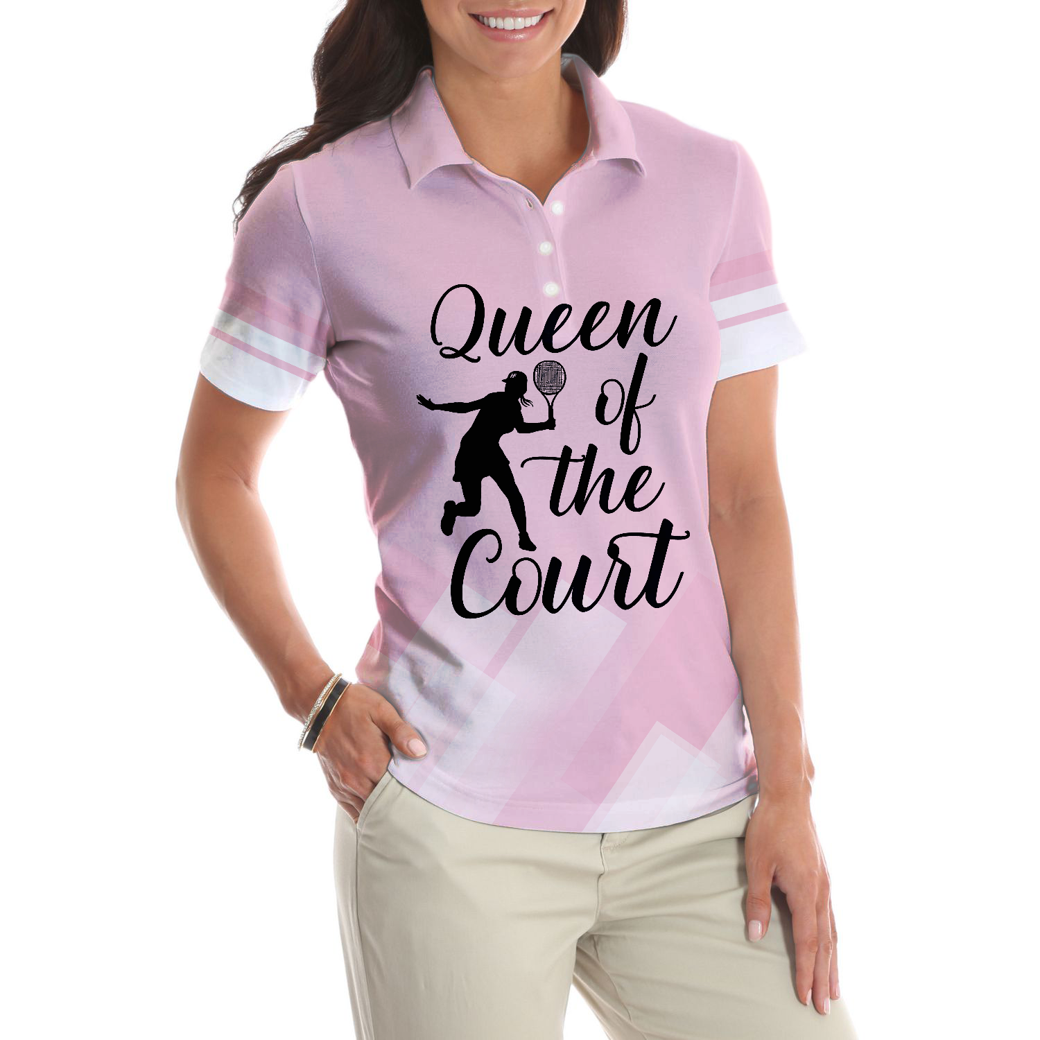 Queen Of The Court Pink Short Sleeve Women Polo Shirt, Cool Tennis Shirt For Ladies
