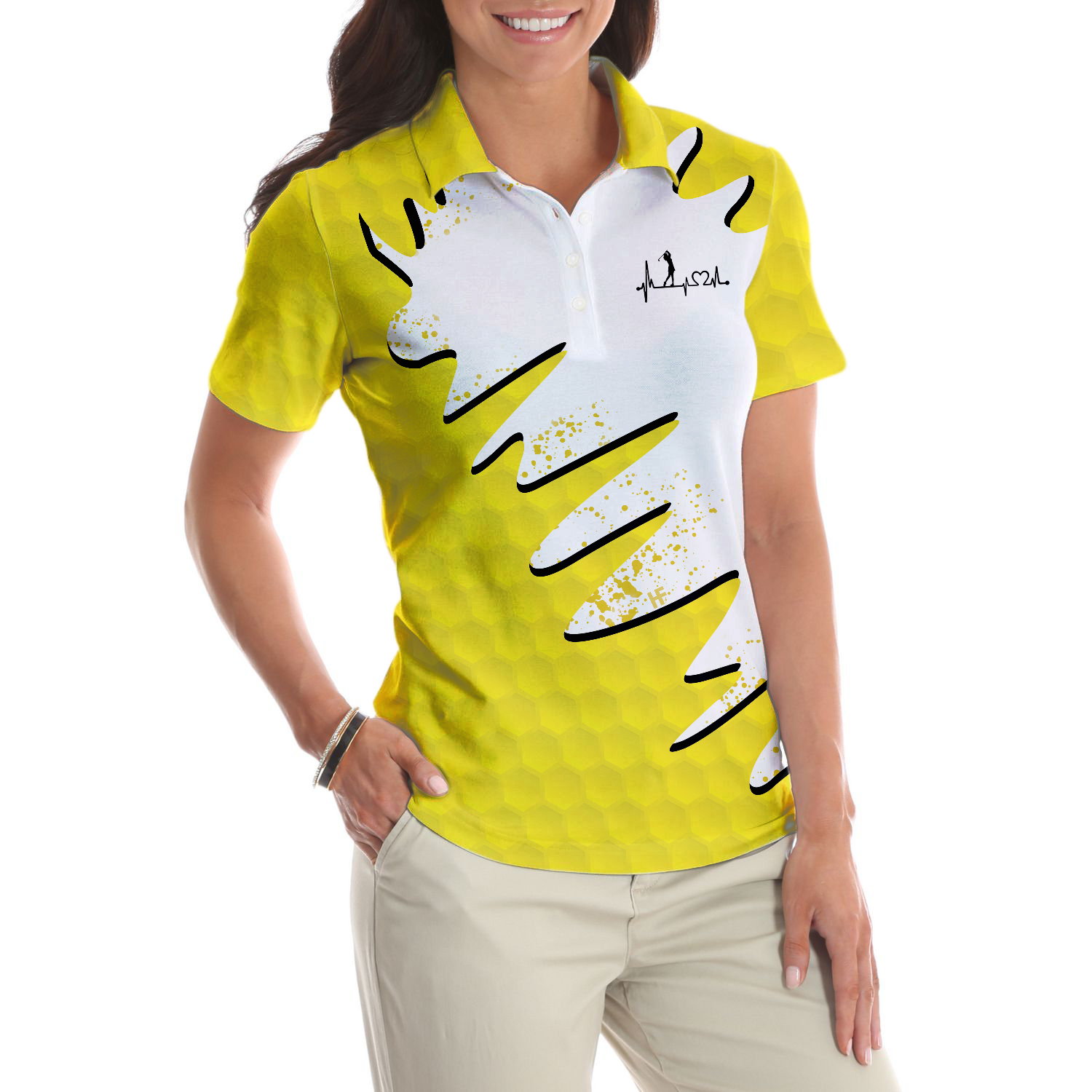 Sporty And Cutie Golf Girl Golf Short Sleeve Women Polo Shirt, White And Yellow Golf Shirt For Ladies