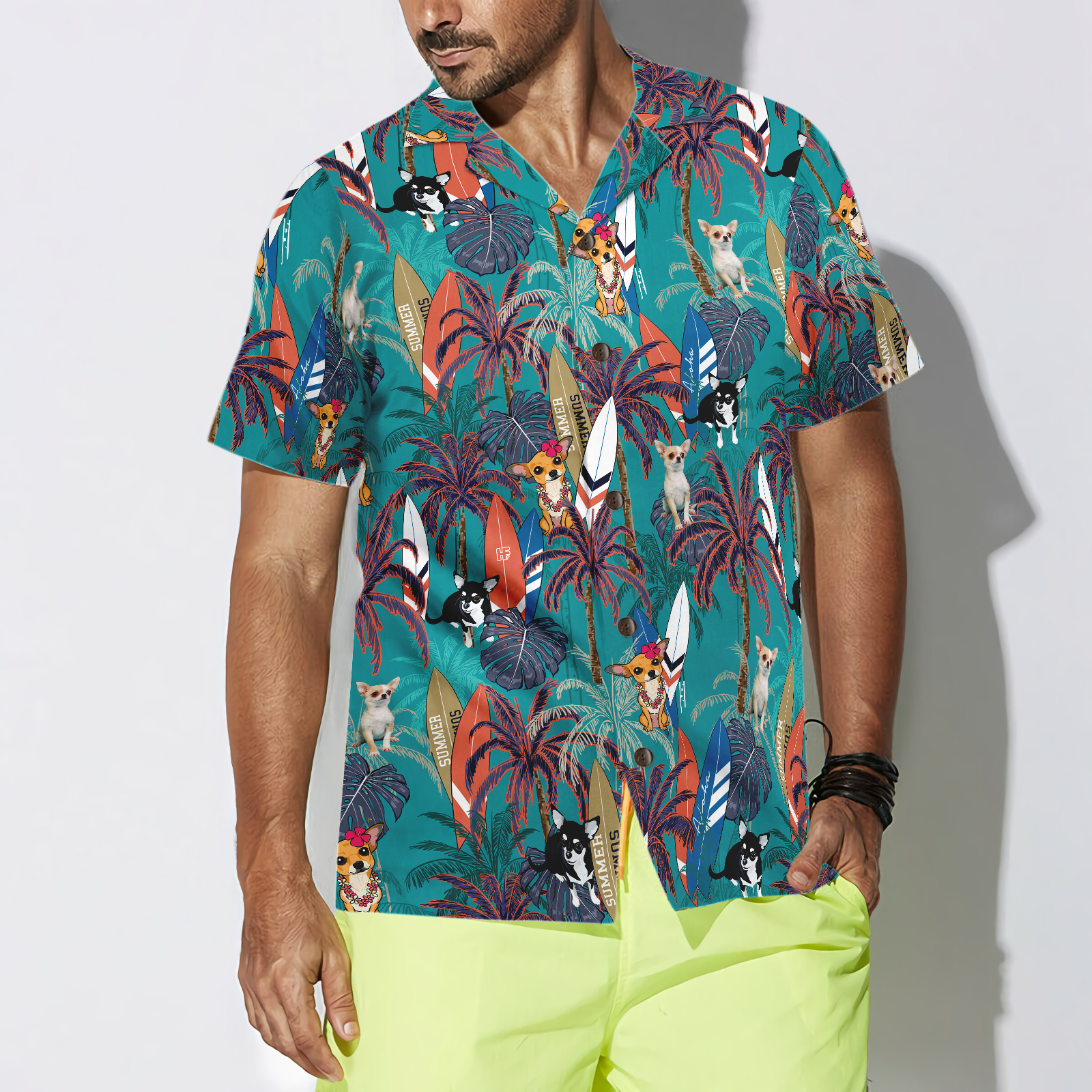 Chihuahua Surfboard And Palm Tree Hawaiian Shirt